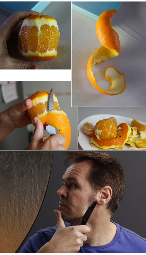 Making-of de l'idée, préparation des pelures d'orange, et pose avec le couteau
© Copyright : Réalisation et Photo : Juan BLAT
