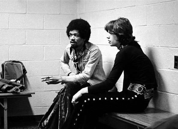 Jimmy Hendrix et Mick Jagger en 1969