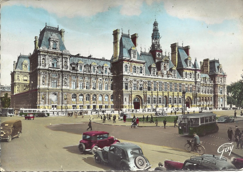 carte postale ancienne de villes et de vieilles voitures - paris hotel de ville